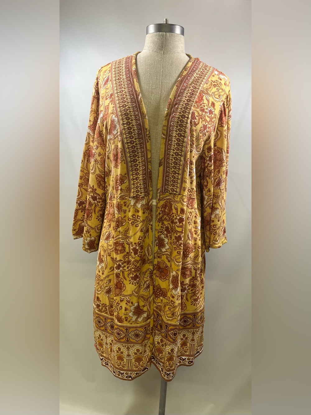 Knox Rose Yellow Boho Floral Kimono Cardigan Open Front Short Sleeve Size M/L